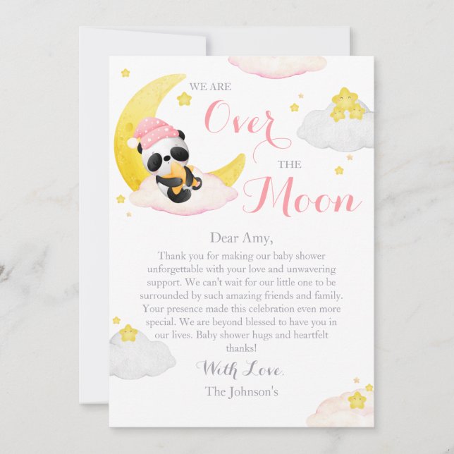 Cartão De Agradecimento Chuva de Panda Sobre a Lua Festa de Bebê Menina (Frente)