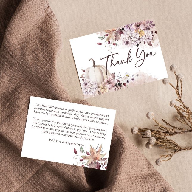 Cartão De Agradecimento Chuva de presentes de casamento boêmio de abóbora  (Fall in love boho pumpkin autumn themed bridal shower thank you card watercolor pastel dahlia )