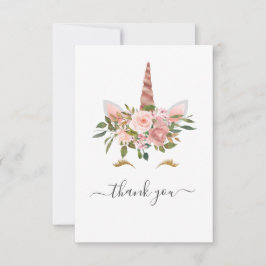 Cartão De Agradecimento Chuveiro de Bebê Unicórnio Floral Rosa Bege e Dour