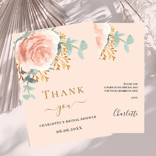 Cartão De Agradecimento Chuveiro de Noiva dourado rosa floral verde claro