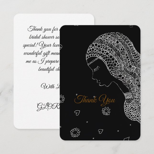 Cartão De Agradecimento Chuveiro de Noiva Preto e Branco Elegante Obrigado (Frente/Verso)