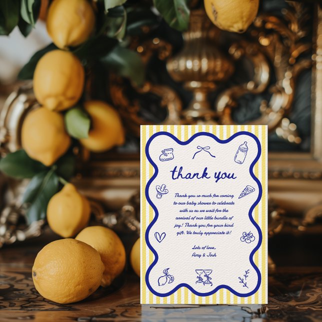 Cartão De Agradecimento Ciao Baby Lemon Italiana Chá de fraldas Desenhado (Ciao Baby Hand Drawn Thank you card Baby Shower Aesthetic Gender Neutral Blue & Yellow Italy)