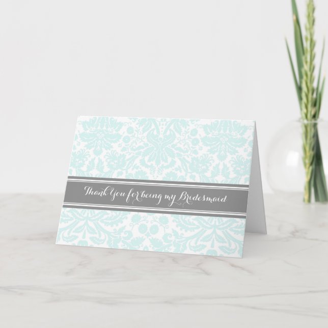 Cartão De Agradecimento Cinza Azul - Damasco Obrigado Bridesmaid Card (Frente)