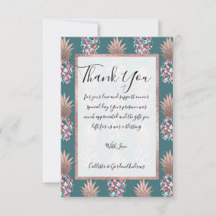 Cartão De Agradecimento Cinza-Chic Rosa Floral Dourada Verde-Teal-Abacaxis