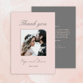 Cartão De Agradecimento Cinza de Casamento de Foto Minimalista, cor-de-ros