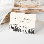 Cartão De Agradecimento Cinza Preto | Casamento de esboço de montanha<br><div class="desc">Projetados para coordenar com a nossa coleção de casamentos do Mountain Sketch, estas cartas de agradecimento rústico da vitrine apresentam uma ilustração esboçada de picos de montanha, pinheiros e um rio fluindo através do fundo, com "amor e obrigados" em elegante caligrafia escrita à mão e seus nomes embaixo. Personalize o...</div>