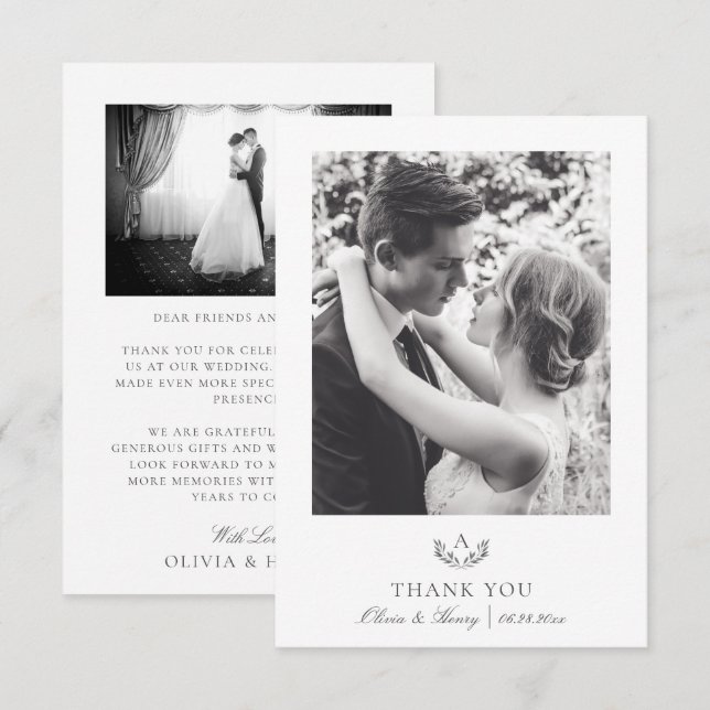Cartão De Agradecimento Cinza Simples Elegante Monograma Casamento 2 Foto (Frente/Verso)