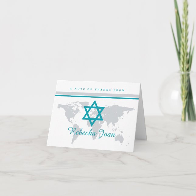 Cartão De Agradecimento Cinza Teal Star: Mapa Mundial de David Bat Mitzvah (Frente)