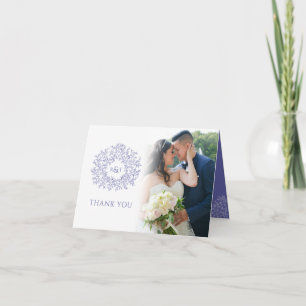 Cartão De Agradecimento Círculo das folhas, fotos de casamento azuis