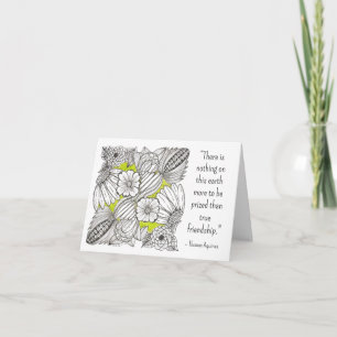 Cartão De Agradecimento Citação de Amizade, BW Floral Doodle com Verde