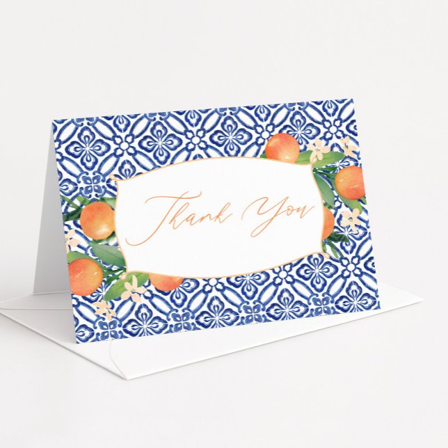 Cartão De Agradecimento Citrus Sinensis Greenery Blue White Positano Azule (Positano watercolor oranges and blue tiles wedding shower thank you cards)