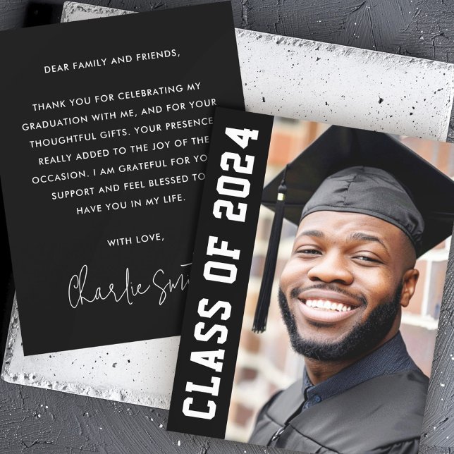 Cartão De Agradecimento Classe do ano de 2024: Foto da formatura negra mod (Class of year 2024 modern black graduation photo thank you card)