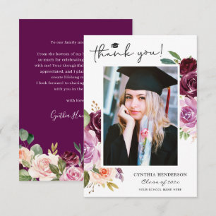 Cartão De Agradecimento Classe Floral Púrpura Escura de Foto para Graduaçã