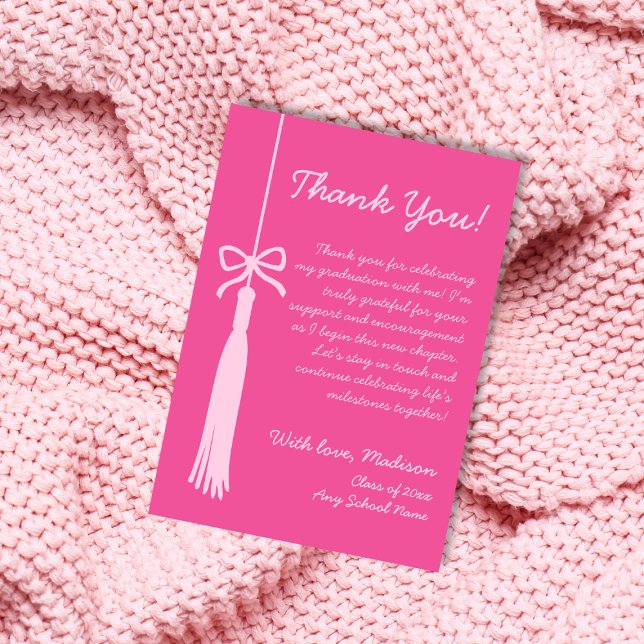 Cartão De Agradecimento Classe Rosa Tassel E Arco De Graduação 2025 (Tassel & Bow Pink Class Of 2025 Graduation Thank You Card)
