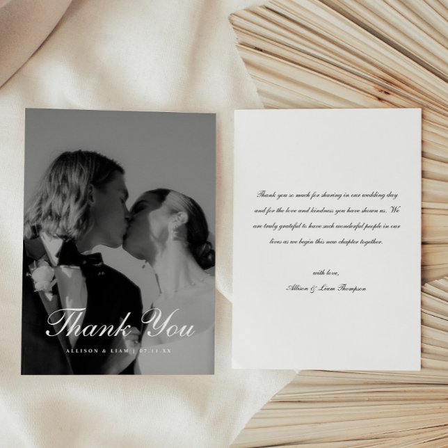 Cartão De Agradecimento Classic Black & White Script Wedding Photo (Criador carregado)