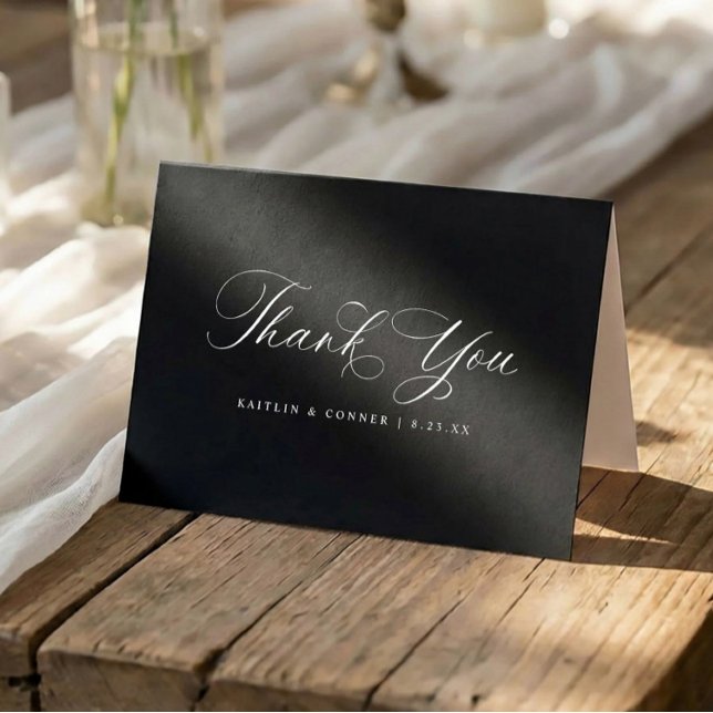 Cartão De Agradecimento Classic Elegant Black and White Wedding (Black wedding thank you cards with white text and elegant calligraphy script)