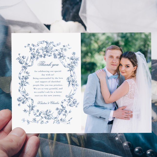 Cartão De Agradecimento Classic French Blue Flowers & Ribbons Photo (Criador carregado)