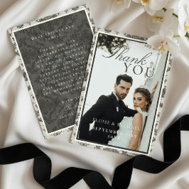 Cartão De Agradecimento Classic Ivory Damask Rococo Pattern Photo Wedding