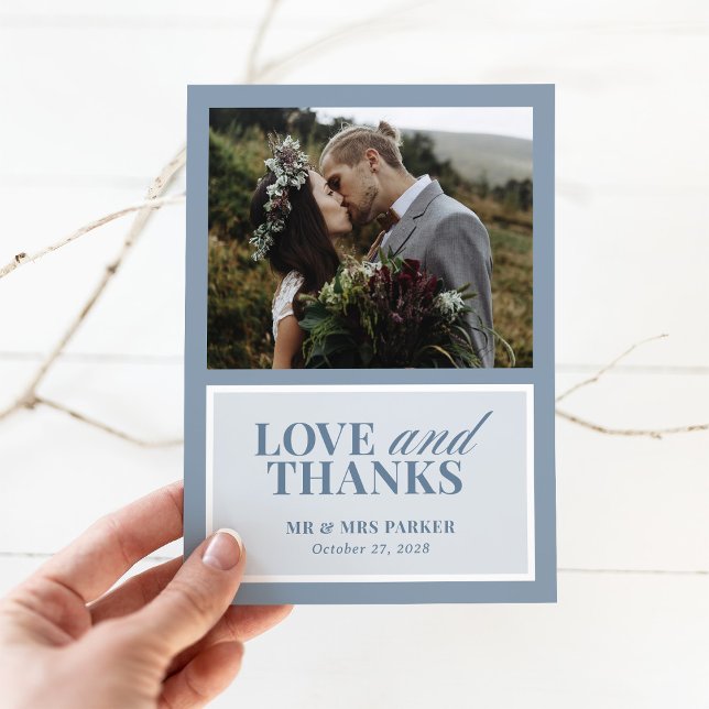 Cartão De Agradecimento Classic Luxe | Elegant Dusty Blue Wedding Photo (Criador carregado)