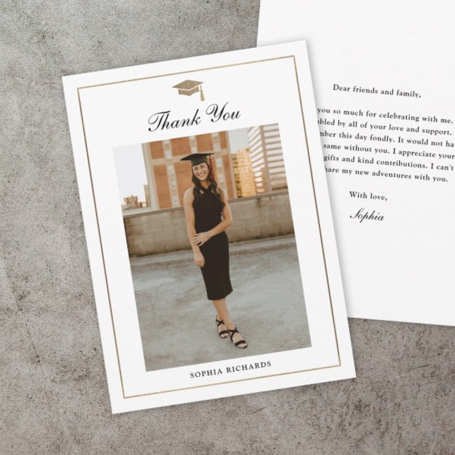 Cartão De Agradecimento Classic Script Black and White Graduation Photo (Classic script black and white graduation photo thank you cards.)