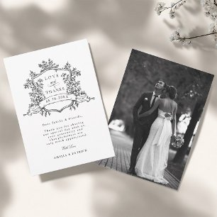 Cartão De Agradecimento Clássico Floral Crest Casamento Preto e Branco Fot