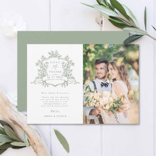 Cartão De Agradecimento Clássico Floral Crest Green - Foto de casamento ve