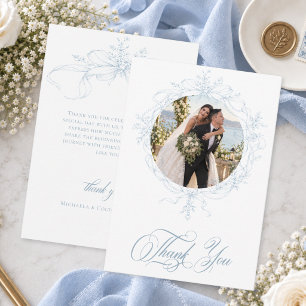 Cartão De Agradecimento Clássico Foto de Noiva com Coroa Floral Azul Vinta