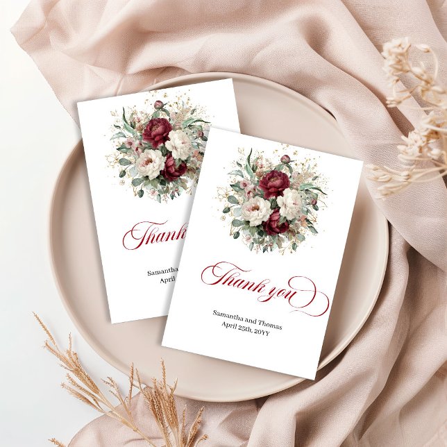 Cartão de Agradecimento Clássico Marrom com Folhag (Classic Maroon Floral Greenery Gold Thank You Card)