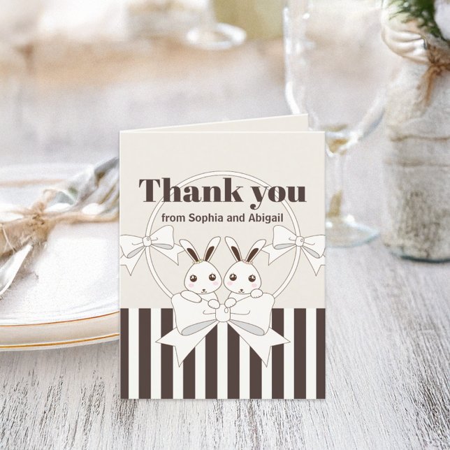 Cartão De Agradecimento Clássico Moderno Coelho Cartoon Fofo Gêmeas (Criador carregado)