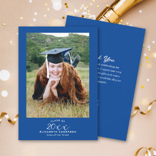 Cartão De Agradecimento Classy Elegante Script Foto de Formatura Azul Real