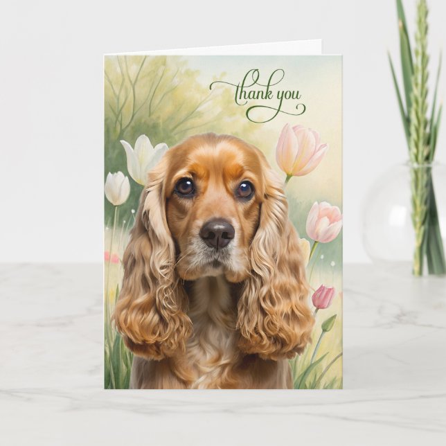 Cartão De Agradecimento Cocker Spaniel no Jardim de Tulipas (Frente)