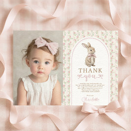 Cartão De Agradecimento Coelhinho Vintage Blush com Laço Rosa Garota de An