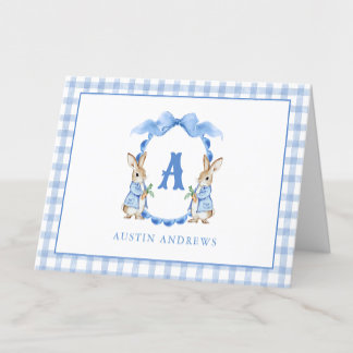 Cartão De Agradecimento Coelho Azul Gingham Monograma Crest