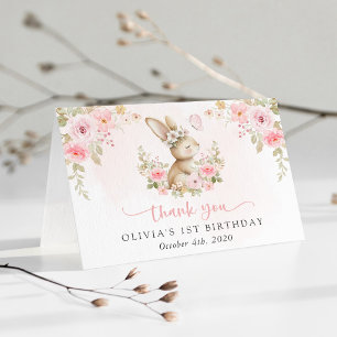 Cartão De Agradecimento Coelho, Borboleta, Flores Rosa, Primeiro Aniversár