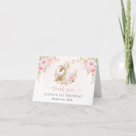 Cartão De Agradecimento Coelho, Borboleta, Flores Rosa, Primeiro Aniversár