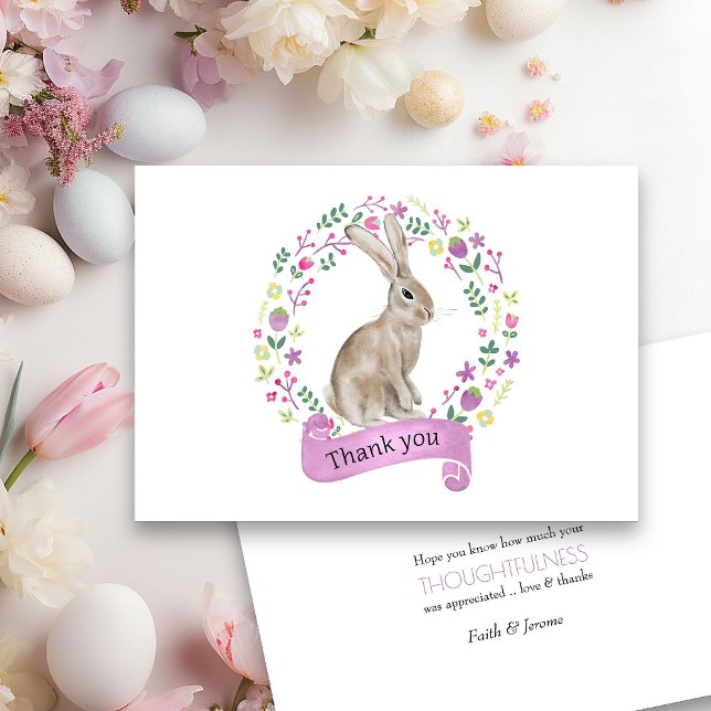 Cartão De Agradecimento Coelho em Grinalda de Flores Rabiscadas (Spring or Easter Thank you card from my Little Bunny & Little Lamb Baby Shower collection)