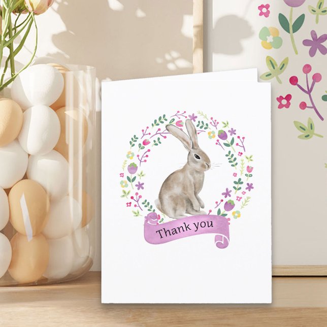 Cartão De Agradecimento Coelho na Coroa de Flores Doodle Fofo (Easter Rabbit Thank You Card from my Little Bunny & Little Lamb Baby Shower collection)