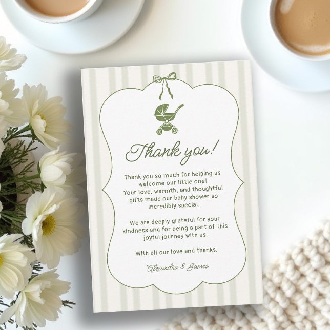 Cartão De Agradecimento Coffee Bebe Brewing Stripes Brunch Baby Shower (baby shower brunch thank you card coffee theme brewing olive green bistro hand drawn paris bistro)