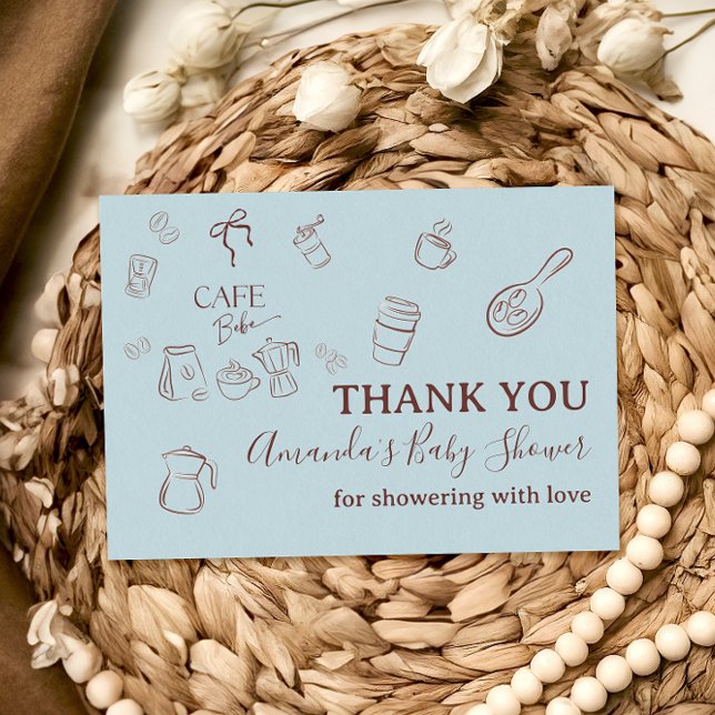 Cartão De Agradecimento Coffee Theme Boy Blue Bow Cafe Bebe Baby Shower (Criador carregado)