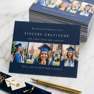 Cartão De Agradecimento Colagem de 3 Fotos Personalizada Azul Marinho Grad