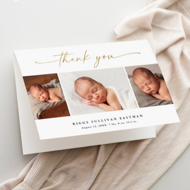 Cartão De Agradecimento Colagem de Fotos 3 Elegant Script Bebê (Elegant gold script calligraphy 3 photo collage baby thank you card.)