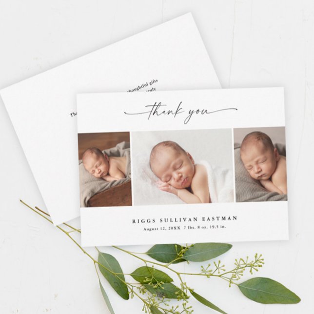 Cartão De Agradecimento Colagem de Fotos de Bebê com Letra Simples (Elegant script black and white
3 photo baby thank you card announcements.)