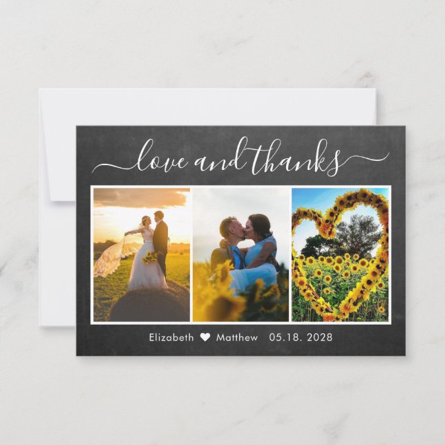 Cartão De Agradecimento Colagem de Fotos de Casamento Chalkboard Calliogra (Frente)