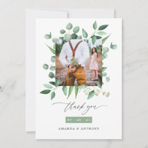 Cartão De Agradecimento Colagem de Fotos de Casamento com Eucalipto Flores