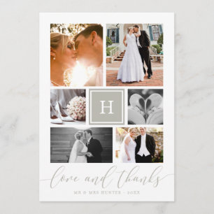 Cartão De Agradecimento Colagem de Fotos de Casamento com Monograma Cinza