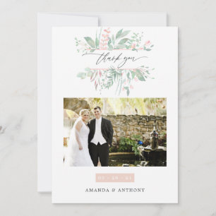 Cartão De Agradecimento Colagem de Fotos de Casamento com Vegetação e Rosa