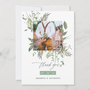 Cartão De Agradecimento Colagem de Fotos de Casamento com Verde Folhagem e