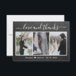 Cartão De Agradecimento Colagem de Fotos de Casamento de Caligrafia<br><div class="desc">Russo, País, Cartões de agradecimentos De Colagem Foto De Casamento De Chalkboard Com Mão. modelo de cartões de agradecimentos de casamento com três (3) colagens de fotos na frente e uma foto na parte traseira. Com o texto "Amor e obrigados" em uma letra esmerada escrita tipográfica escrita escrita em branco...</div>