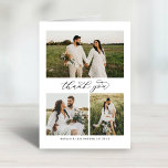 Cartão De Agradecimento Colagem de Fotos de Casamento de Script de Caligra<br><div class="desc">Obrigado de casamento vertical dobrado, os cartões com fotos apresentam um roteiro elegante e na moda, "Obrigado", um monograma dos nomes da noiva e do casal, junto com uma simples colagem de 3 fotos na frente. O espaço para uma foto adicional e um obrigado personalizado que a mensagem que você...</div>