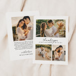 Cartão De Agradecimento Colagem de Fotos de Casamento de Script de Coração<br><div class="desc">Obrigado de casamento vertical plano que vocês cartões com fotos apresentam o texto moderno e mínimo preto "Obrigado" com sotaque cardíaco fofo, monograma dos nomes de casais noivos, junto com uma simples colagem de 3 fotos na frente. O espaço para uma foto adicional e um obrigado personalizado que a mensagem...</div>